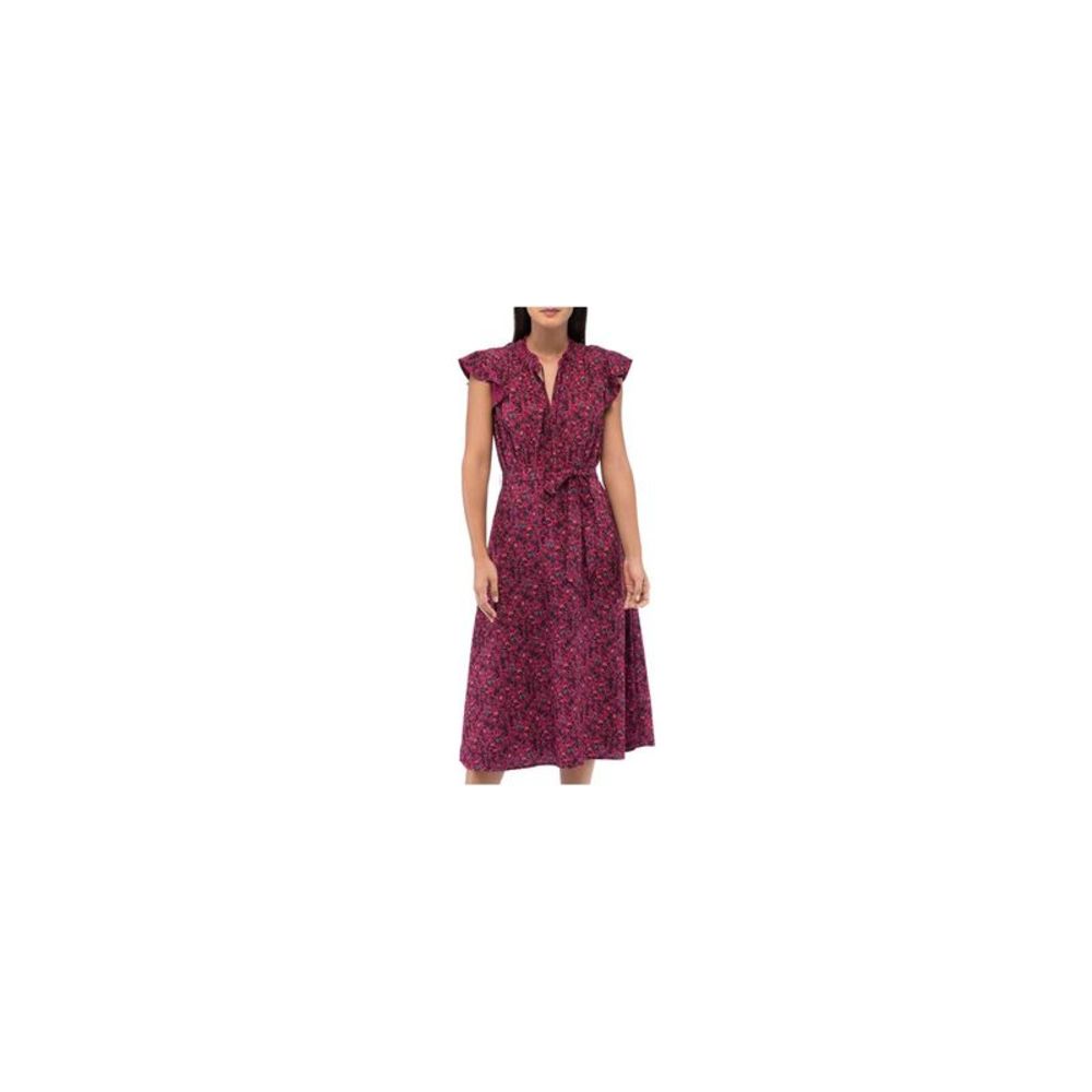 B COLLECTION Womens Pink Belted Lined Flutter Sleeve Midi Fit + Flare Dress S